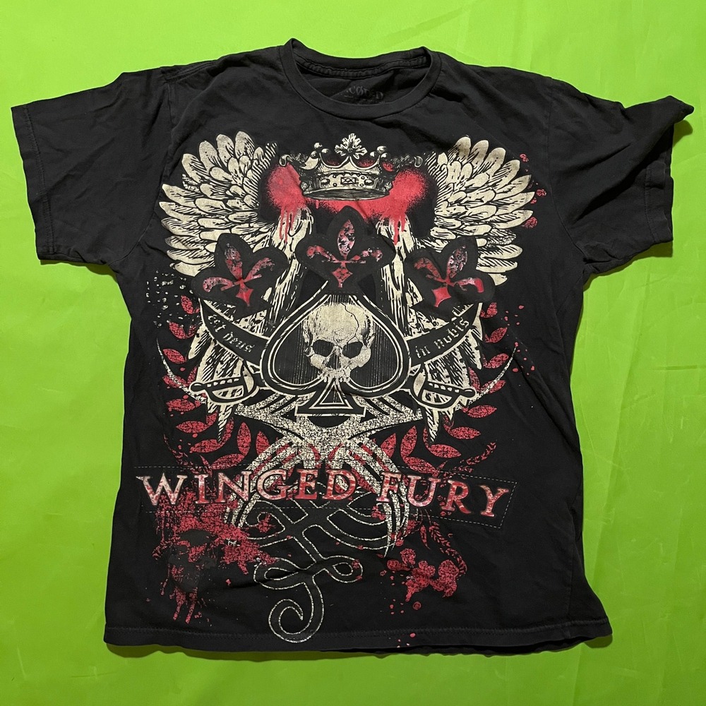 Y2K Decoded Winged Fury Skull Spade Graphic T-Shirt Mens Large Black USA